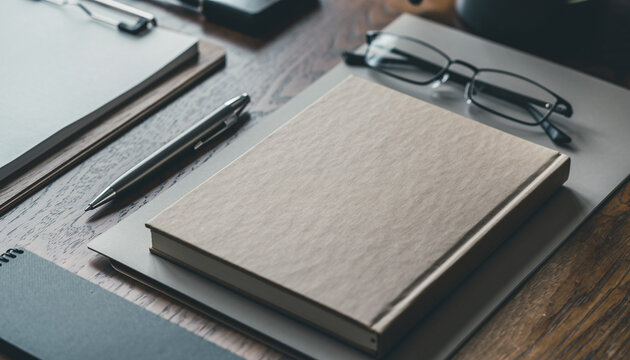 Stylish stationery set with brown notebook, metal pen and eyeglasses on a wooden desk. Minimal office workspace in natural light.