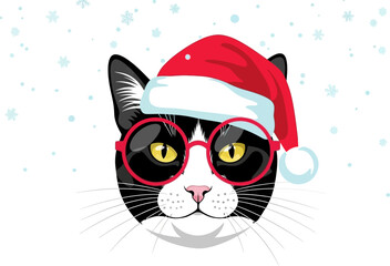 Cute black and white cat wearing a santa hat and red glasses