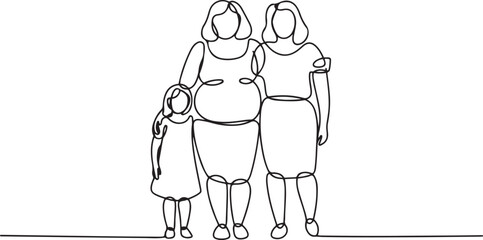 One continuous single drawing line art flat doodle fat, woman, mother, daughter, family, together, female. Isolated image hand draw contour. one line Icon drawing