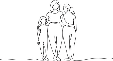 One continuous single drawing line art flat doodle fat, woman, mother, daughter, family, together, female. Isolated image hand draw contour. one line Icon drawing