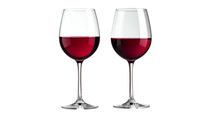 Two clear, stemmed glasses filled with rich red liquid. The glasses stand side-by-side against a black background