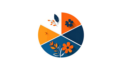 Circular graphic showing a split composition with four sections an insect, a feather, flowers, and leaves. Colors are orange, blue, and white