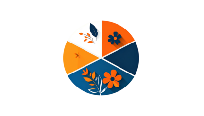 Circular graphic showing a split composition with four sections an insect, a feather, flowers, and leaves. Colors are orange, blue, and white
