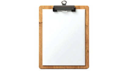 Overhead shot of a wooden clipboard with a blank white sheet of paper clipped to it, isolated against a solid black background