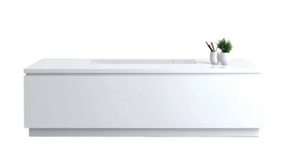 A sleek, modern white kitchen island. Includes pencils, pens, and a small plant for decor. Clean lines & minimalist design