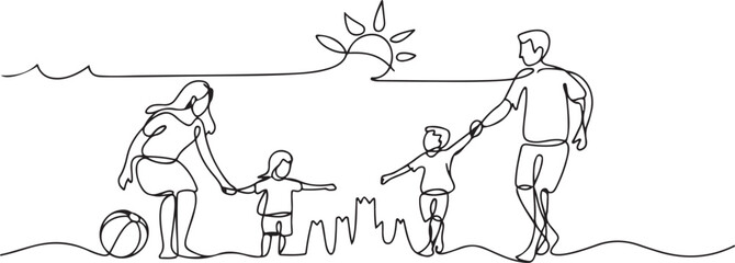 Continuous one line drawing active happy family on vacation at the beach. Trip and holiday concept. one line Icon drawing