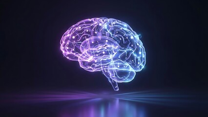 Glowing neon brain network illustration with pulsing lights on dark background
