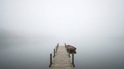 A solitary wooden dock stretches into a misty lake, with a small boat anchored at the end.