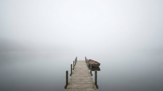 A solitary wooden dock stretches into a misty lake, with a small boat anchored at the end. - Powered by Adobe