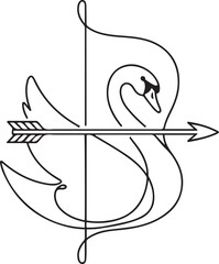 Bow and arrow, continuous line drawing, isolated vector illustration, tattoo, print and logo design, beautiful swan bird silhouette. one line Icon drawing