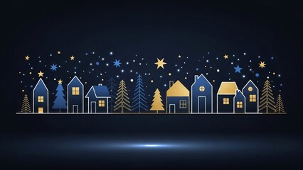Christmas and Happy New Year greeting banner with Gold and Blue Line-Art Trees and Houses on Dark Winter Background , Elegant Holiday Illustration