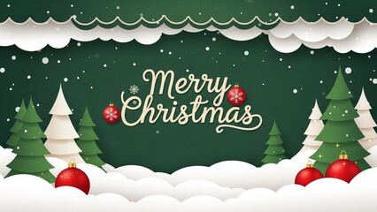 green Merry Christmas and Happy New Year greeting card header banner in paper art style with Green Background, Snowy Paper-Cut Trees, and Festive Typography for Holiday Greeting Designs