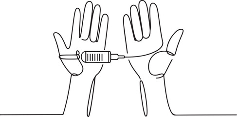 Hands that refuse to inject drugs. Anti drug day one-line drawing. one line Icon drawing