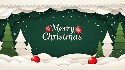  green Merry Christmas and Happy New Year greeting card header banner in paper art style with Green Background, Snowy Paper-Cut Trees, and Festive Typography for Holiday Greeting Designs