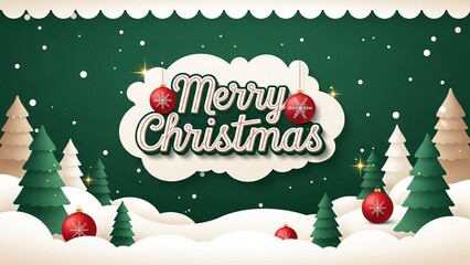 green Merry Christmas and Happy New Year greeting card header banner in paper art style with Green Background, Snowy Paper-Cut Trees, and Festive Typography for Holiday Greeting Designs