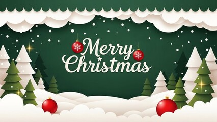  green Merry Christmas and Happy New Year greeting card header banner in paper art style with Green Background, Snowy Paper-Cut Trees, and Festive Typography for Holiday Greeting Designs