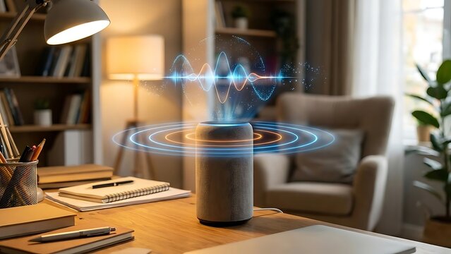 Smart speaker with sound waves and light effects in a home office