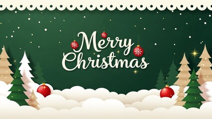  green Merry Christmas and Happy New Year greeting card header banner in paper art style with Green Background, Snowy Paper-Cut Trees, and Festive Typography for Holiday Greeting Designs