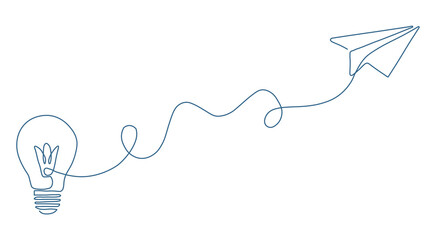 Reach new heights with creative ideas shown with a lightbulb and paper airplane, a modern design for startups and innovation, simple and clean design