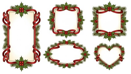 Christmas and Happy New Year greeting card vector set,  , decorated with elegant pine leaves, holly elements, and festive ribbons.