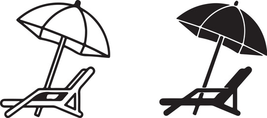Beach Lounge Chair and Umbrella Icons Line Art and Silhouette vacation on transparent background