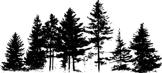 Layered pine forest silhouette in black and white stencil art for nature design