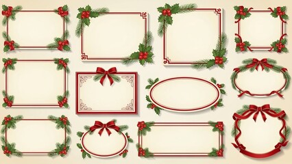 Christmas and Happy New Year greeting card vector set,  , decorated with elegant pine leaves, holly elements, and festive ribbons.