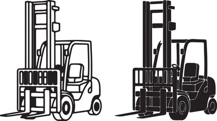 Forklift Truck Icon in Outline and Solid Black Silhouette industrial vehicle on transparent background