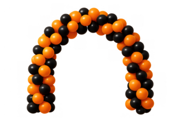 Balloon arch creating an entrance for an event, festive decoration for celebrations with orange and black colors