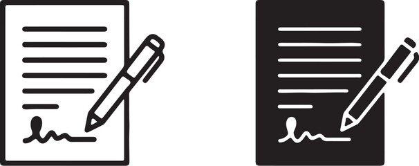 Two Icons of Document with Lines and Pen Signing paper contract on transparent background