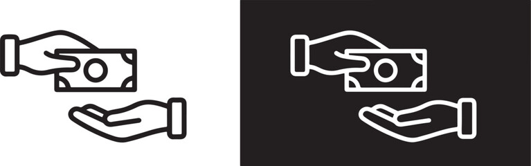 Two icons of hands exchanging money in outline and on black background exchange payment on transparent background