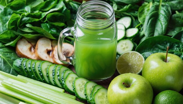 Healthy Green Juice Cleanse in Glass Jar with Fresh Spinach, Celery, and Granny Smith Apples.