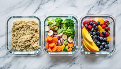 Healthy Meal Prep Containers with Quinoa, Colorful Vegetables, and Fresh Fruit on White Marble Background.