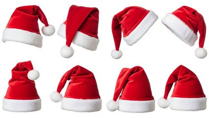 Big set of realistic Santa Hats, rand White Santa Claus Hats in Various Shapes Isolated on White Background