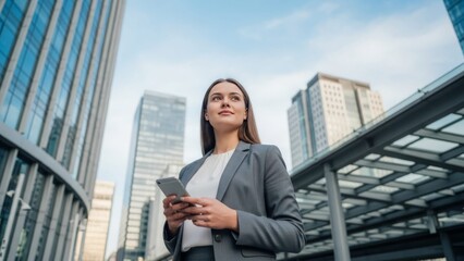 Young Businesswoman Using Smartphone Outdoors with Modern City Skyline Background, Urban Professional Portrait