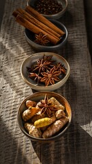 Fototapeta premium Dramatic Rustic Spices: Turmeric, Star Anise, Cinnamon, and Cloves for Cooking and Wellness on Wood.