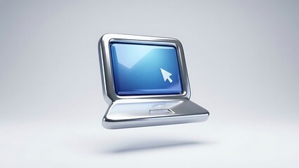 Shiny chrome laptop with blue screen and cursor icon floating