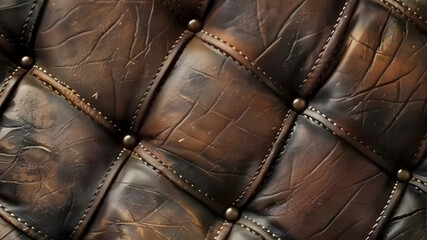 Naklejka premium Close up textured view of aged distressed brown leather upholstery with diamond tufting and decorative nailhead trim