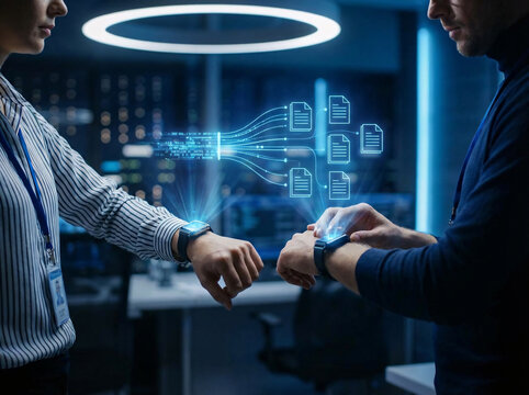 Holographic file transfer between smartwatches in modern tech office