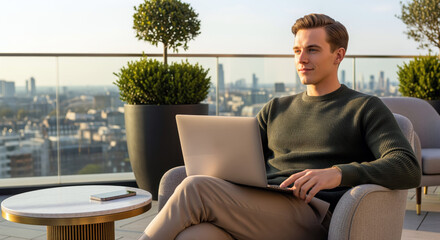 Residential tower promoting rooftop terrace work areas as a remote work amenity for residents who want flexible work from home options and city views in real estate leasing and property marketing