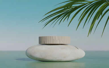 Obraz premium Minimalist concrete pedestal with a palm frond overhead, evoking a serene and natural aesthetic for product display
