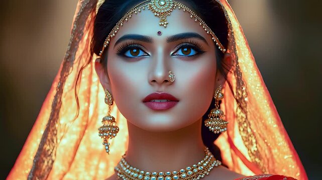 A close-up of a beautiful Indian woman in traditional attire and gold jewelry. Bride portrait.