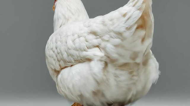 White hen struts confidently across a simple, muted background showcasing its soft feathers and vibrant personality in a captivating moment