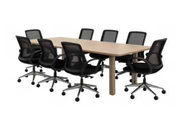 Conference table with desk chairs for business meetings, corporate discussions, office collaboration, and teamwork, transparent background