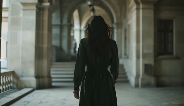 Rear view of woman in dark dress walking through arched hallway with stone pillars and lighting above