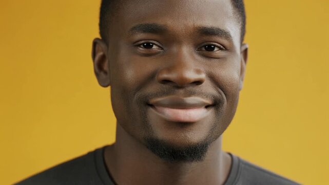 Close-up portrait of a cheerful young African American man with a bright smile, looking directly at the camera, conveying happiness and confidence against a vibrant yellow studio background