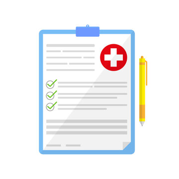 Medical document or form with pen. Health insurance or medical record. Vector isolated on white.