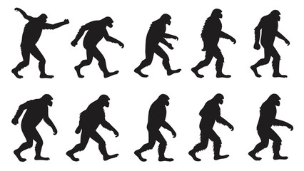 Vector illustration silhouette sequence illustrating the walking gait progression of a bipedal apelike creature