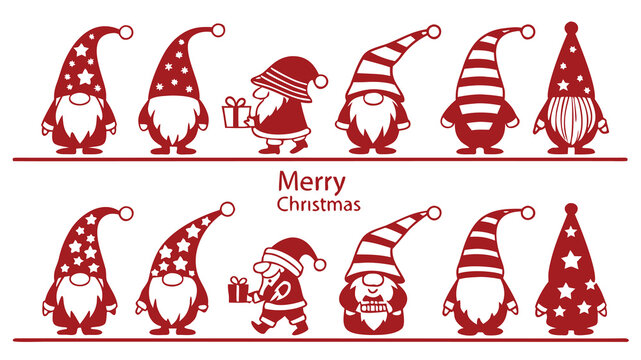 Vector illustration collection of cute red christmas gnomes or tomte figures in various poses and hat designs