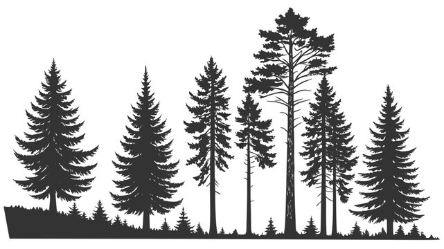 Vector illustration silhouette vector illustration of various evergreen pine and spruce trees forming a dense forest line